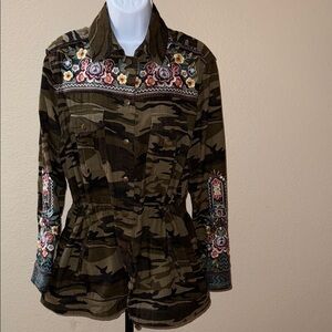 Johnny Was Workshop Raquel Military Camouflage Corduroy Embroidered Jacket Sz M
